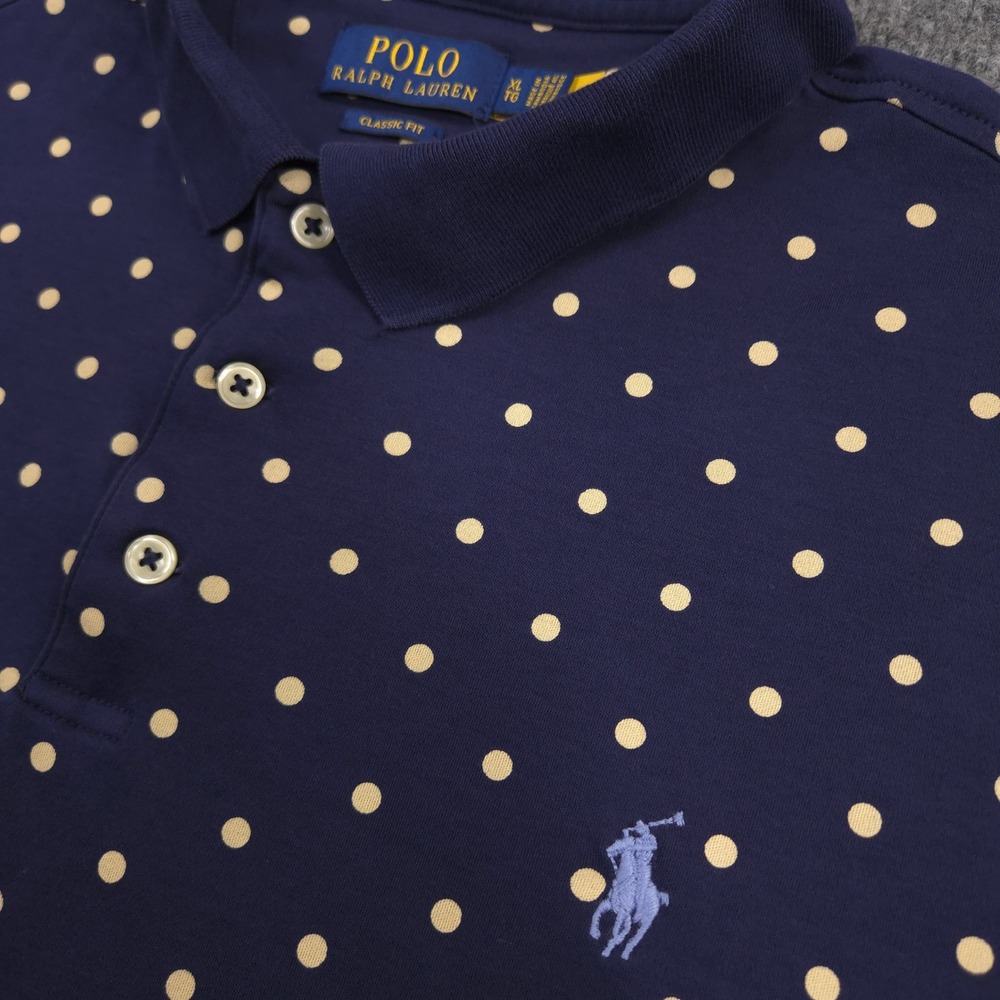 Polo Ralph Lauren Polo Shirt Mens XL Navy Cream Polka Dot AOP Classic Fit Cotton - Picture 2 of 8